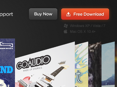 Dowload + Buy buttons on homepage header app application black button clean dark homepage music orange red simple software