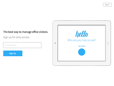 Hello is here. beta flat ipad app landing landing page office rails rumble sign up teaser visitor