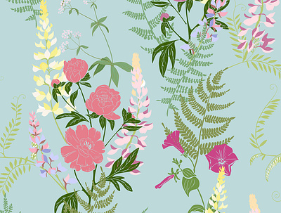 Lupines and peonies. botanical fashion floral flowers lupine pattern pattern design peonies textile textile design