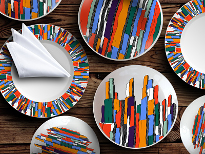 The design of the set of plates abstract abstraction design home decor mountains multicolored pattern pattern design plates print set tableware