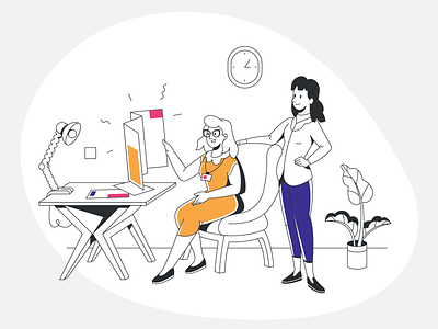 Women in the work process character colourful digital illustration outline people women work