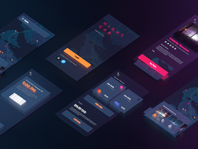 Night Cab - Night Life Locator UI Design 3d app branding cinema4d design minimal skeumorphic type typography ui ux