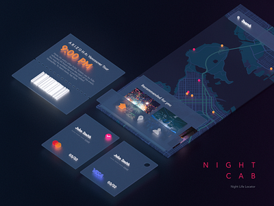 Night Cab - Night Life Locator UI Design 3d app cinema4d design minimal skeumorphic type typography ui ux