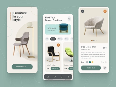 Mobile App - Furniture Ecommerce App add to cart armchair chair couch decor e commerce e commerce app eames ecommerce app furniture furniture app furniture store ikea interior mobile app online shopping shopping app sofa ui ui design