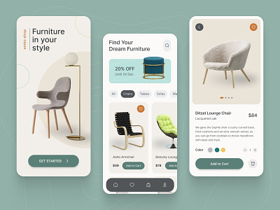 Mobile App - Furniture Ecommerce App add to cart armchair chair couch decor e commerce e commerce app eames ecommerce app furniture furniture app furniture store ikea interior mobile app online shopping shopping app sofa ui ui design