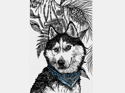 Husky botanical illustration greeting card husky illustration ink art