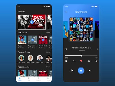 Dark themed - Music app UI 2020 music 2d app app design application black blue branding design illustration interaction design minimal mobile app mobile ui mp3 music music app music player ui ux
