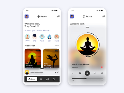 Peace App app best ui branding calming clean design exercise fresh gym illustration interaction design meditation app minimal music music app peaceful songs trending ui ux