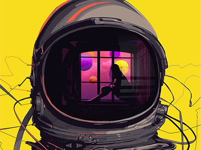 Dribbble #WhoKnows 090 astronaut illustration moon space suit wire yellow