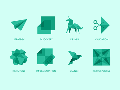 Origami Design Process Icons creased crumpled folded icons illustration minimalist monochrome origami pixelgami translucent wrinkled