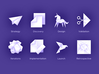 Origami Design Process Icons 3d creased crumpled folded gradient icons illustration minimalist monochrome origami paper pixelgami shaded shadows wrinkled