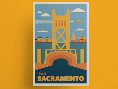 Sacramento vintage travel poster city hall gold illustration mid century midcentury poster poster art poster design sacramento sactown tower bridge tower theatre travel travel poster vector vector art vector illustration vintage travel poster