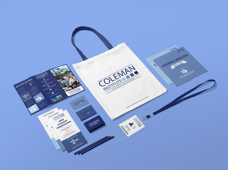 Coleman Institute brand collateral brand assets brand collateral brand design branding brochure design business cards college flyer design tote bag university vector