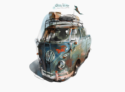 vw micro bus carillustration character digital art illustration vintagecar