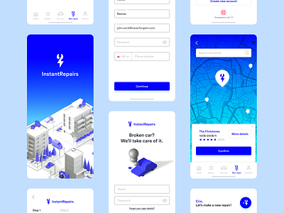 InstantRepairs App app application blue branding crislabno ios ios app iphone x logo mark minimal product product design ui uiux ux