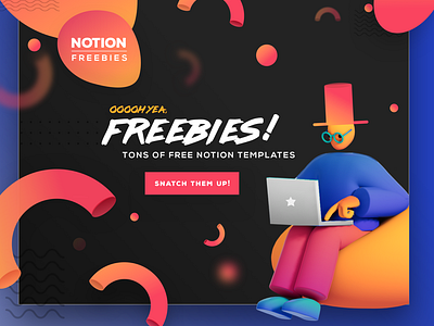 Colorful Macaroni Floaters & Random Hat Person - NotionFreebies 3d abstract animation branding gradient illustration landing page minimal ux vector