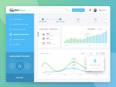 BotFlows Dashboard - Analytics Report Generator Screen analytics chat chat flow chatbot dashboard export mobile marketing reporting rich web chat