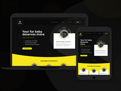 Furbs Landing Page UI cards circles circular dark mode dark ui dogs landing page rounded sign up subscription yellow