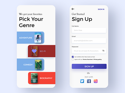 Booker - Sign Up adobe xd app app design app screen book app figma ui ui design ux