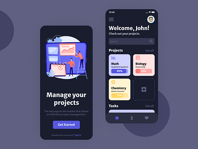 Project Management App (Dark Mode) app branding colors design graphic design icon illustration landing page logo ui ux vector