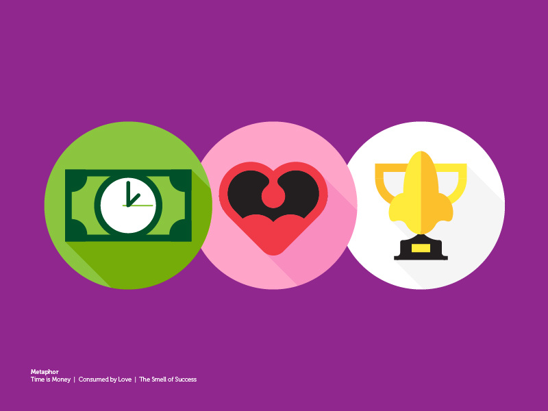 Making Up Metaphors long shadow time mouth trophy money heart flat metaphor illustration