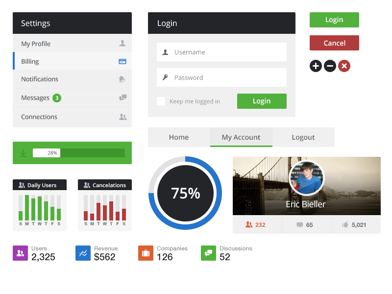 Flat UI Kit loading icon button ui navigation light menu interface player graph white like clean metro login diagram profile pie circle revenue metrics loading bar progress bar flat