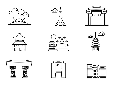 Famous landmarks of Japan design identity sketch vector