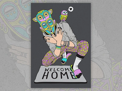 Home Bound - The Return of Candyface artwork character design digitaldrawing digitalillustration drawing illustration illustration art illustrator lineart mask neon colors owl poster poster design rave tribal trippy vector vector art vector illustration