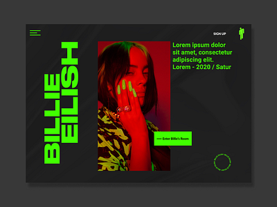 BILLIE EILISH (concept) 2020 billie eilish black clean eilish green home idea landing menu minimalistic model music pro red shot trend trending typogaphy web