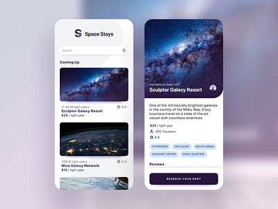 Interstellar Space Travel Booking amenities concept filters list lists mobile app mobile ui reservation space space travel travel travel app uidesign