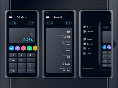 Calculator UI App app calculator dark ui design glassmorphism history sidebar sidemenu trending ui unique ux