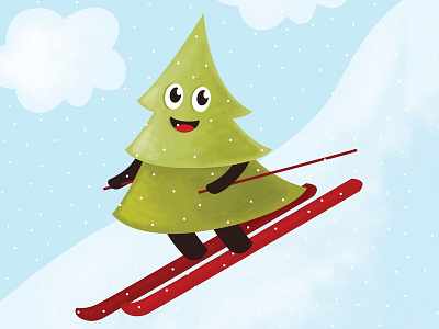 Pine Tree On Ski illustration pine pine tree ski skiing smile snow snowflakes tree winter