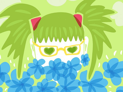 Waiting for spring flowers girl green hair illustration ponytail spring