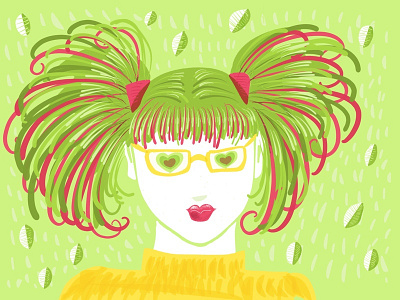 Waiting for spring with ponytails eyeglasses girl green illustration ponytails sketch spring