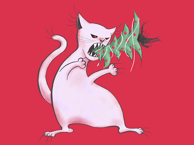 Fat cat eats Christmas tree cat cats christmas christmas tree evil cat fat cat funny holiday humor illustration white cat xmas
