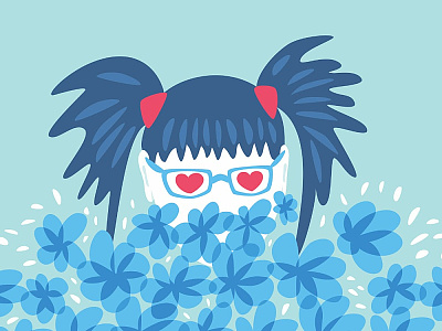 Girl waiting for spring in blue blue character eyeglasses floral flower funny geek girl glasses heart illustration spring vector