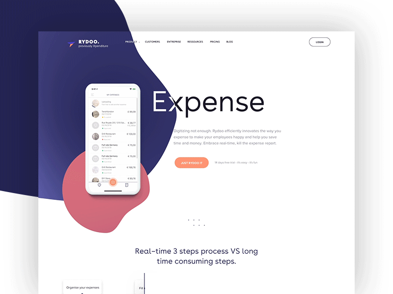 Expense Page for Rydoo agency animation expense gradient me mobile motion phone shape travel ui ux