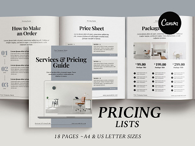 Pricing list templates - Canva brochure design brochure layout brochure template canva canva template ebook cover ebook design ebook layout portfolio template price list pricing pricing guide project proposal service guide typography welcome guide welcome packet