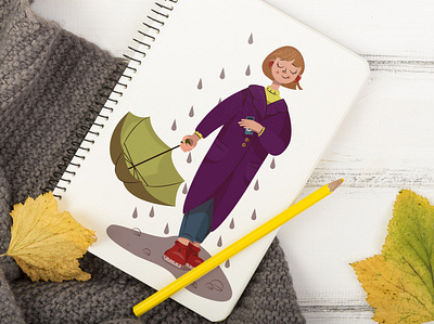 Rainy day august autumn design flat girl illustration ipod music rain umbrella vector water