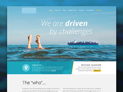 Website for a bunkering-company blue boat container feet water website yellow