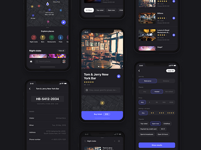 Vi Lit – Booking places app booking branding cafe dark theme design friends ios app design map mobile app nightclub nightlife pub restaurant ui ux