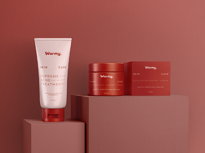 Warmy - Branding pt2 3d brand branding care cosmetics design graphic design logo mockup presentation red render skin skincare typography