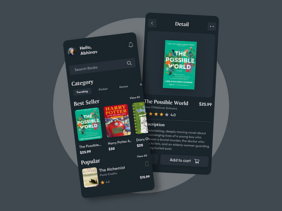 Book Store App- Dark Mode adobe adobe xd android app app design black book app book shop concept daily ui dailyuichallenge dark mode dark ui design interface ios ui ui design ux ux design