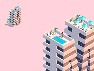 Miami Beach Condo Painters building condo florida holiday hotel isometric miami pink tropical vacation vector