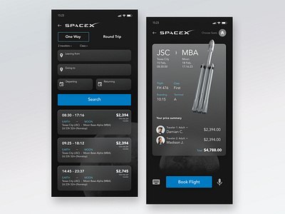 Space Flight Booking App UI 3d black blue c4d colors flight booking app space space ticket price spaceship spacex spacex app ticket booking app tickets travel ui ux