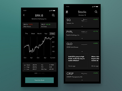 Dark Mode Stock App Concept black darkmode finance future green minimal prices simple stocks trading