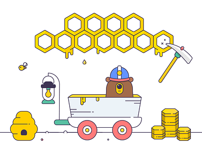 Bitcoin Mining animation bear bitcoin computer crypto currency flat design honey honeycomb mine mining cart pickaxe server