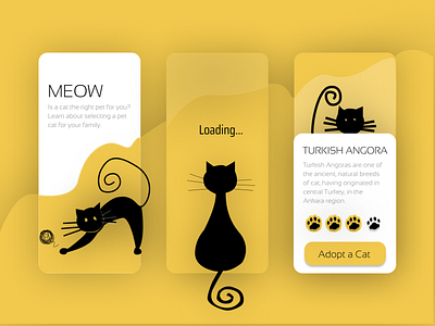Meow - Yellow Cat App animal app app design application black cat clean design figma illustration illustrator mobile app mobile app design mobile ui ui ui design ux ux design vector yellow