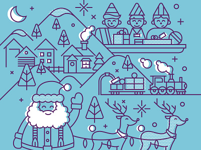 NorthPark Center Holiday Campaign 2019 blue center christmas claus elfs gifts holiday illustration monoweight mountains presents purple raindeer rudolf santa snow snowflake train tree