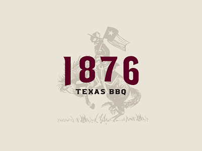 1876 Texas BBQ 1876 barbeque bronco cavalry drawing engraving flag horse illustration logo patriot riding rustic soldier stamped sword vintage